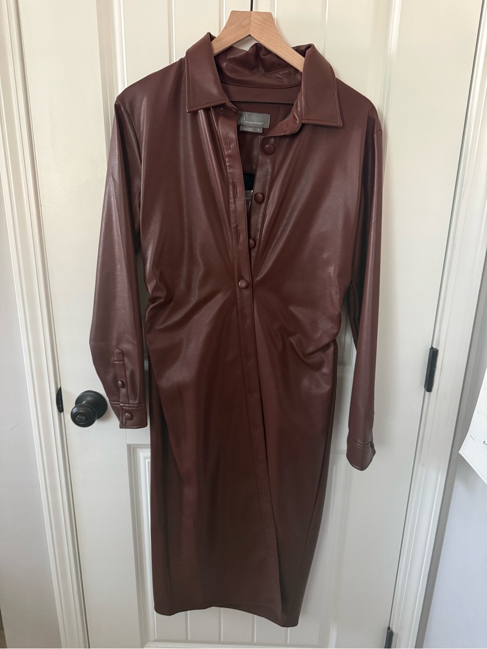 Anthropologie Burgundy Faux Leather Long-Sleeve Shirt Dress